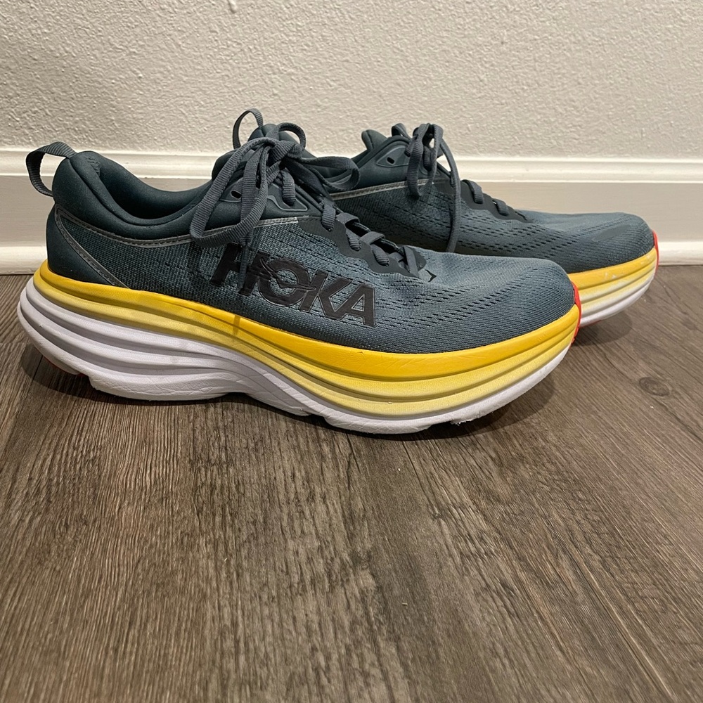 Hoka One One Men's Bondi 8 Running Shoes Gray Yellow Size 9.5 Tennis Sneakers